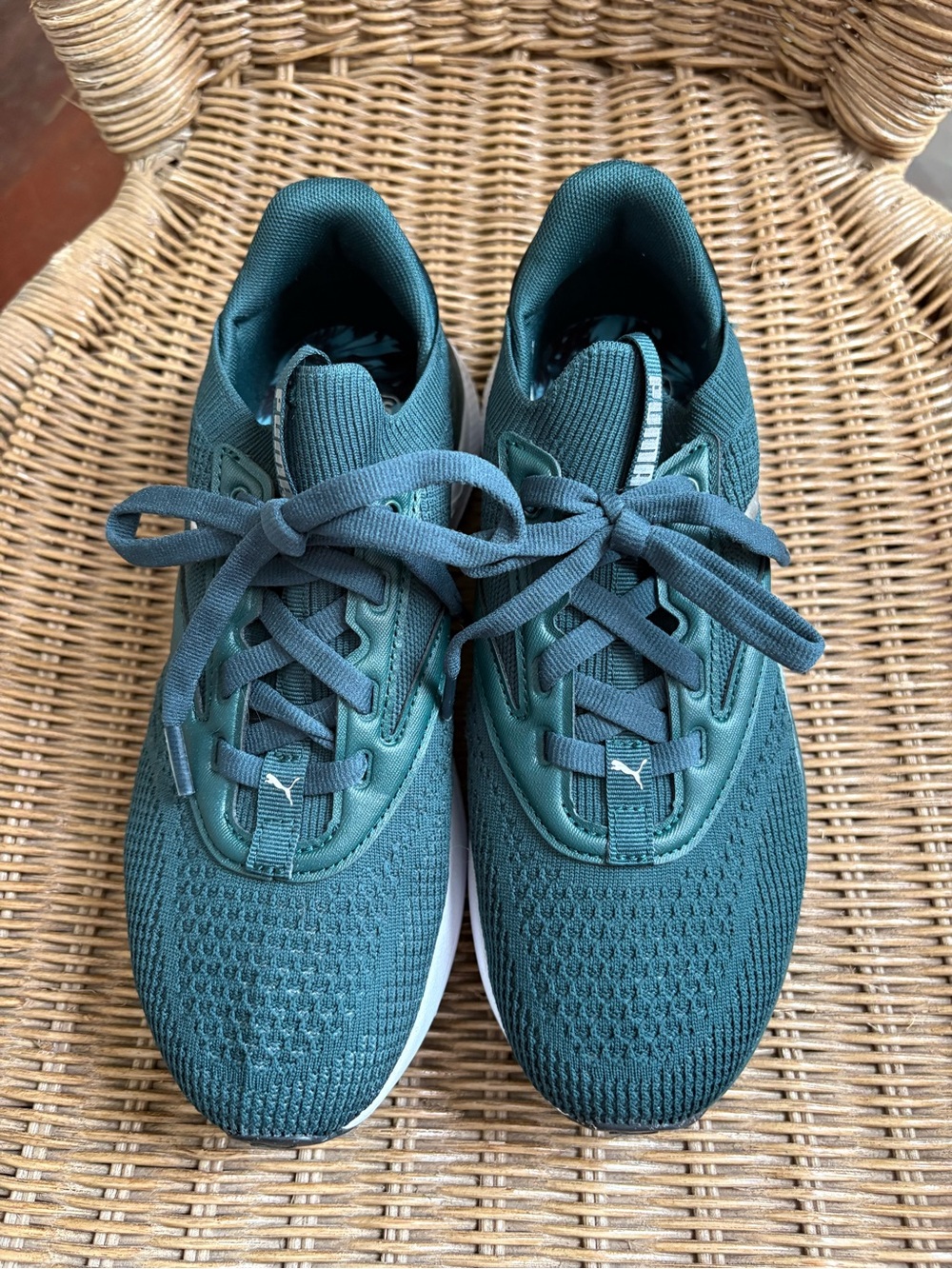 Puma Women’s Dark Forest Green Knit Running Sneakers with White Midsole - Picture 2 of 5